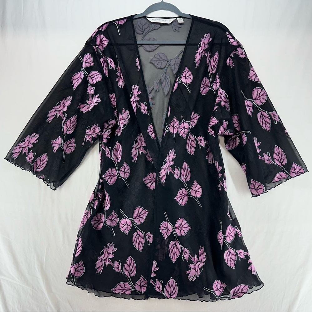 Victoria's Secret Collection Robe Kimono Sheer Satin Black Purple Flowers Size M